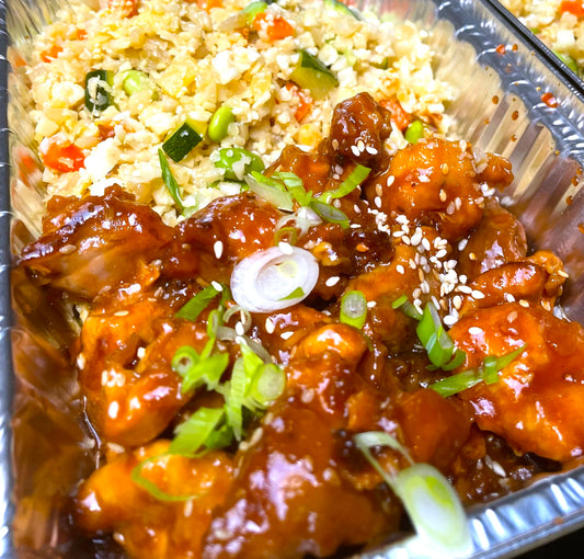 Sticky Sesame Tamarind Chicken with Miso Chive Veggies