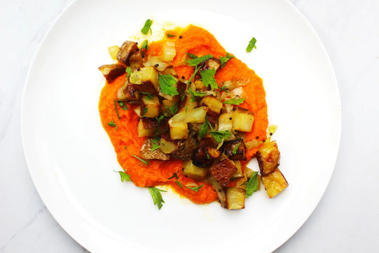 Crispy Roasted Potatoes, Cabbage Wedges over Carrot Ginger Puree